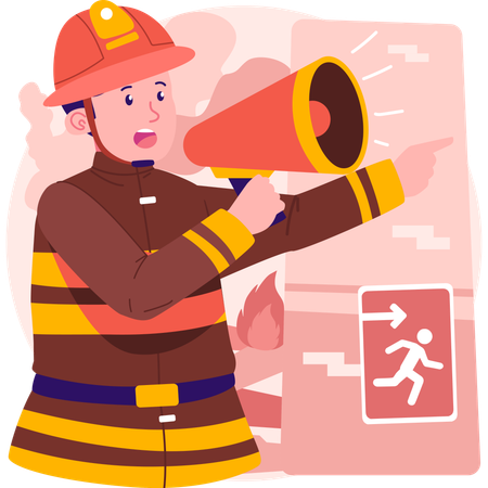 Firefighter using megaphone to alert people  Illustration