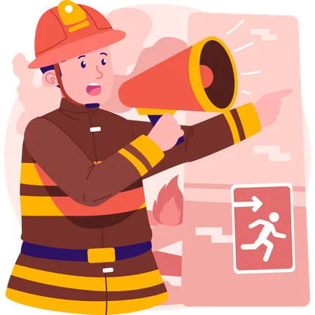 Firefighter using megaphone to alert people  Illustration