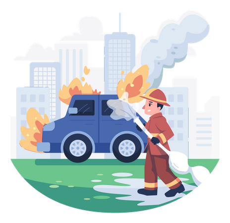 Firefighter watering down fire on a car  Illustration