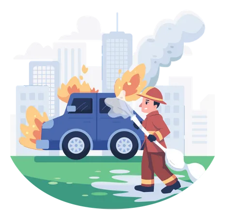 Firefighter watering down fire on a car  Illustration