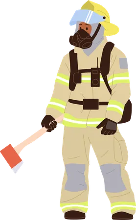 Firefighter wearing protective suit with helmet and mask holding axe  Illustration