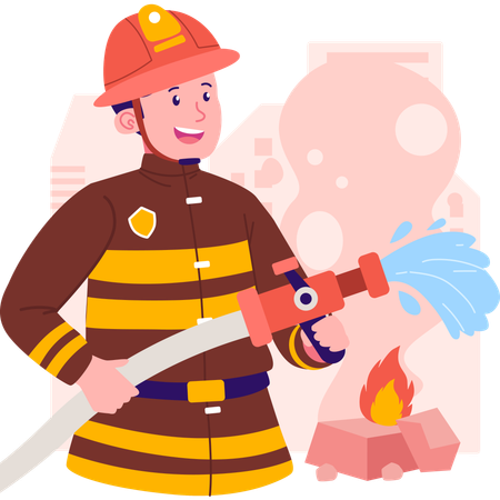 Firefighter with water hose  イラスト