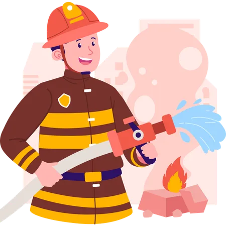 Firefighter with water hose  Illustration