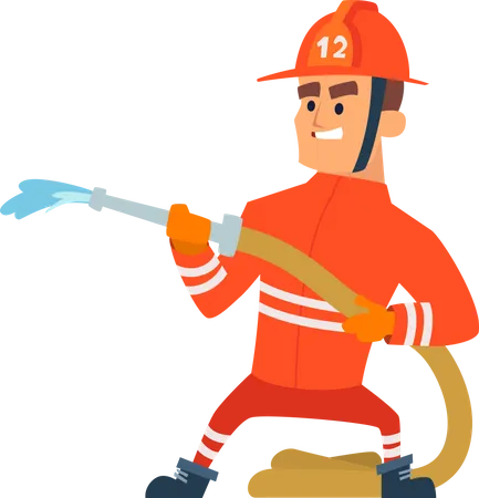 Firefighter with water hose Illustration