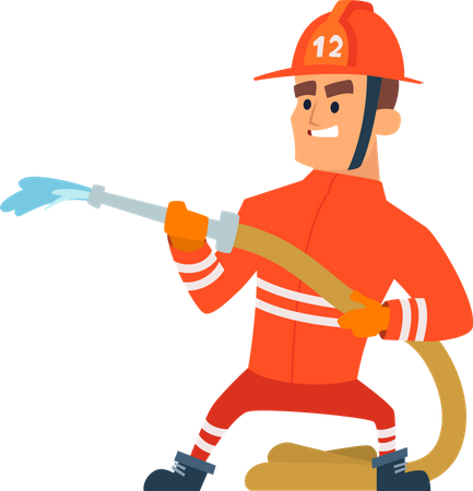 Firefighter with water hose  Illustration