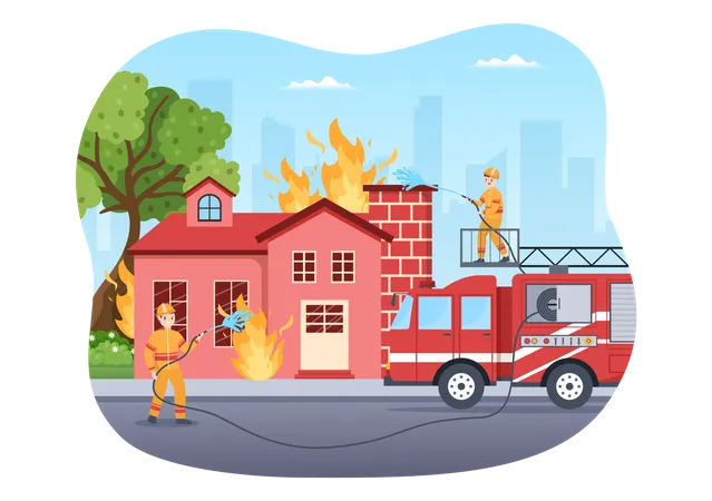 Firefighters Extinguishing House  Illustration