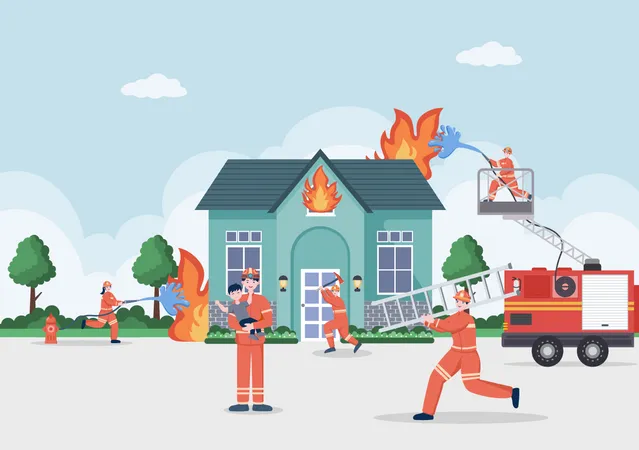 Firefighters Helping People  Illustration