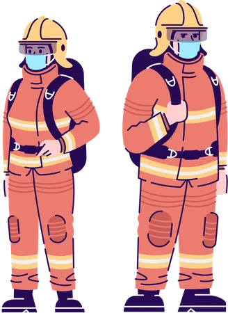 Firefighters In Covid 19 Pandemic Flat Isolated Vector Illustration Emergency Service Workers In Surgical Masks 2 D Cartoon Character With Outline On White Background Coronavirus Protection Illustration