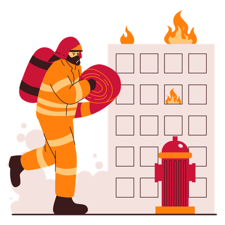 Firefighters ran with water hoses  Illustration