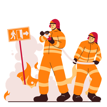 Firefighters spray high preassure water pipes  Illustration