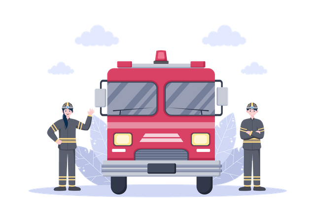 Firefighters with Fire engine Illustration