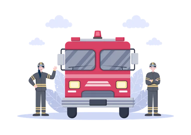 Firefighters with Fire engine Illustration