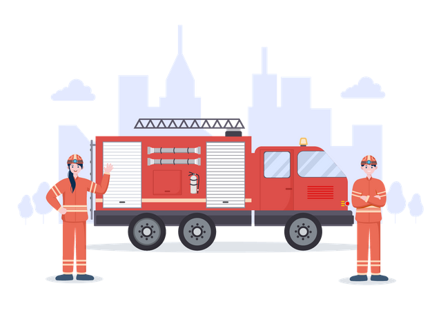 Firefighters with Fire engine  Illustration