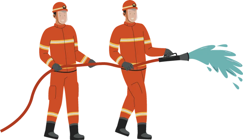 Firefighters with water hose  Illustration