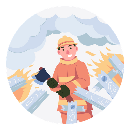 Fireman break through using axe  Illustration