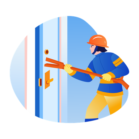 Fireman breaking Jammed door  Illustration