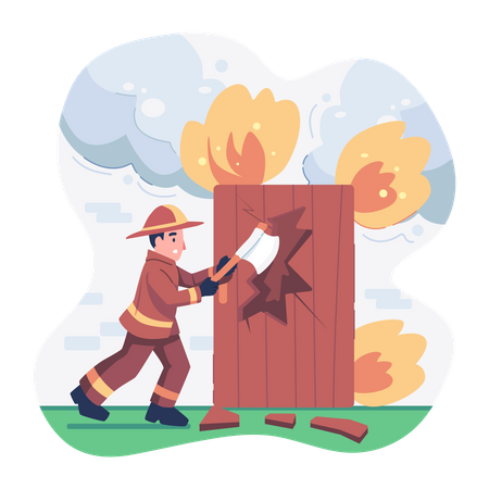 Fireman Breaking Wood Illustration