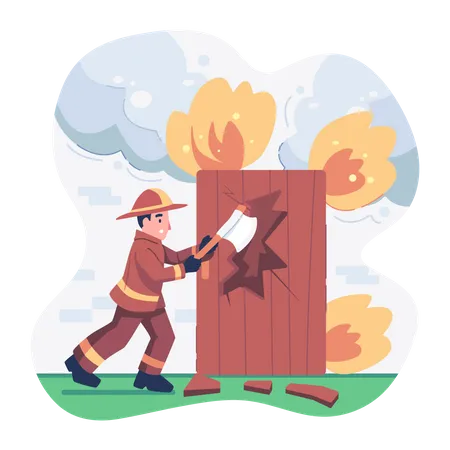 Fireman Breaking Wood Illustration