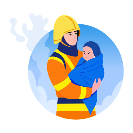 Fireman Carrying child from fire  Illustration