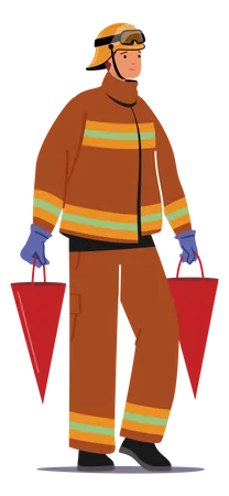 Fireman Extreme Profession Job Fire Fighter In Uniform And Helmet Carry Conical Buckets With Water In Hands For Watering Fire Firefighter Ready To Fight With Blaze Cartoon Vector Illustration Illustration