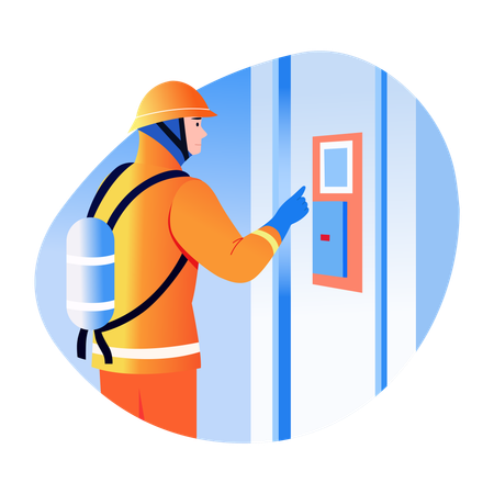 警報を確認する消防士  イラスト