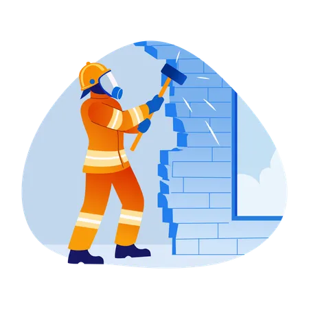 Fireman doing wall breaking  Illustration