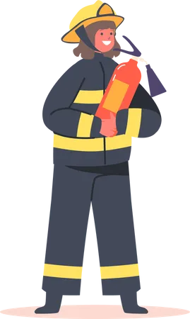 Fireman Girl Holding Extinguisher  Illustration