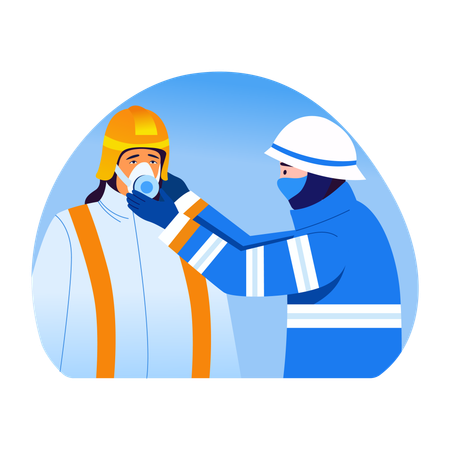 消防士が被災者に呼吸マスクを渡す  イラスト