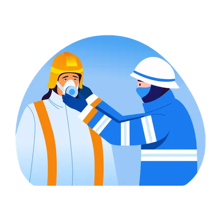 消防士が被災者に呼吸マスクを渡す  イラスト