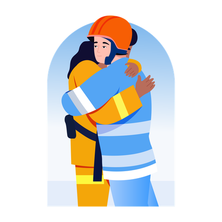Fireman giving hug to scared victim  Illustration