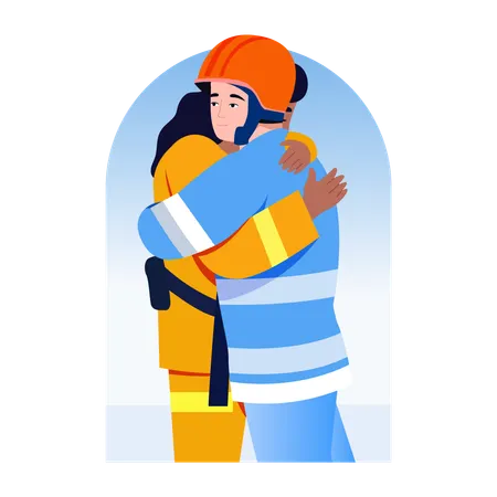 Fireman giving hug to scared victim  Illustration