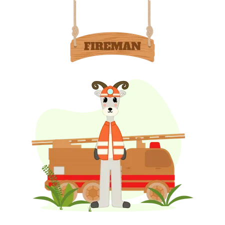 Fireman goat with fire vehicle  Illustration