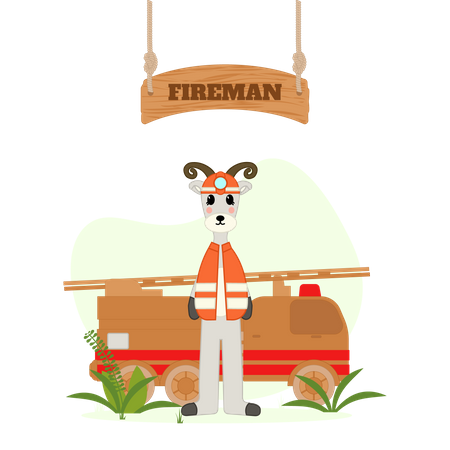 Fireman goat with fire vehicle  Illustration