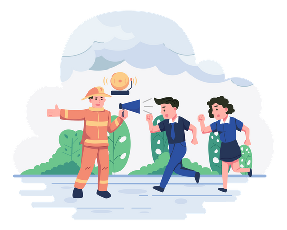 Fireman guiding people towards safe way during fire emergency Illustration