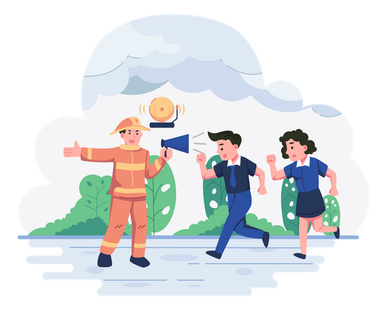 Fireman guiding people towards safe way during fire emergency  Illustration