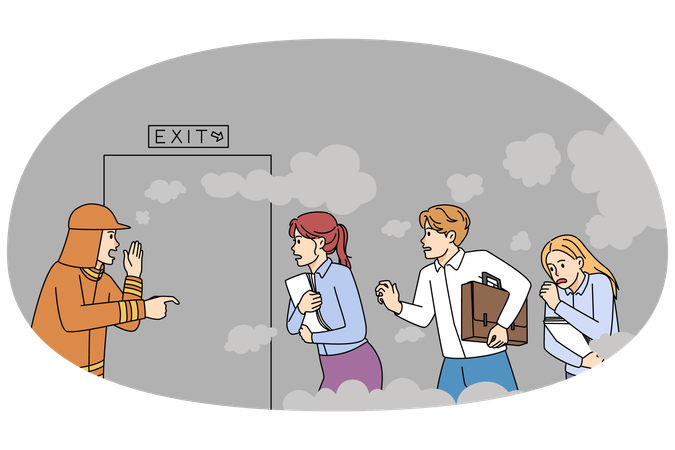 Fireman help employees escape office during fire  Illustration