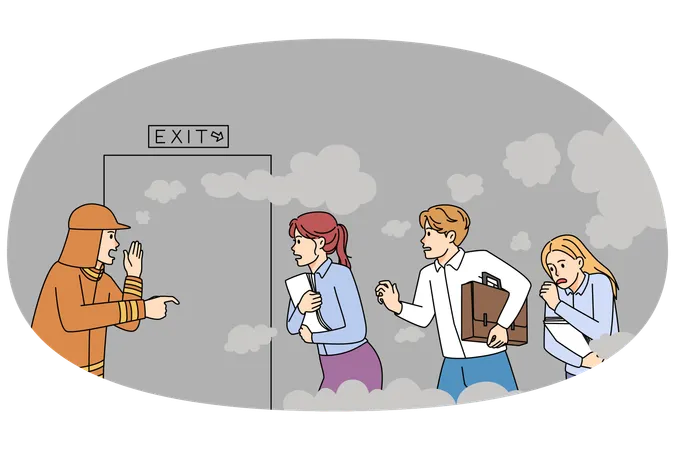 Fireman help employees escape office during fire  Illustration