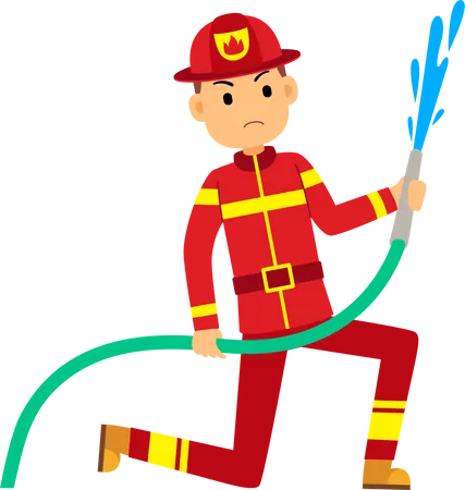 Fireman holding water pipe Illustration