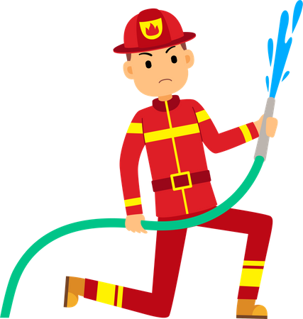 Fireman holding water pipe  Illustration