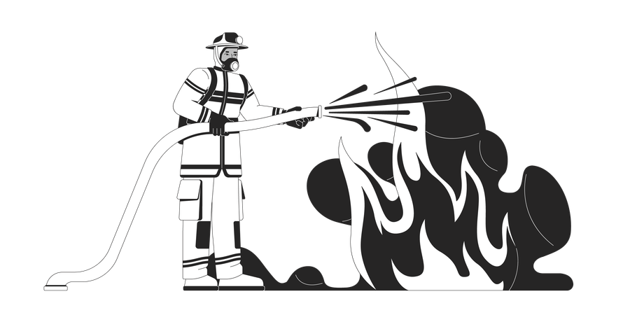Fireman in protective gear spraying water from fire hose  Illustration