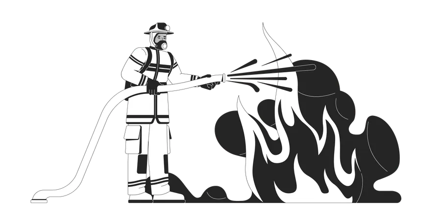 Fireman in protective gear spraying water from fire hose  Illustration