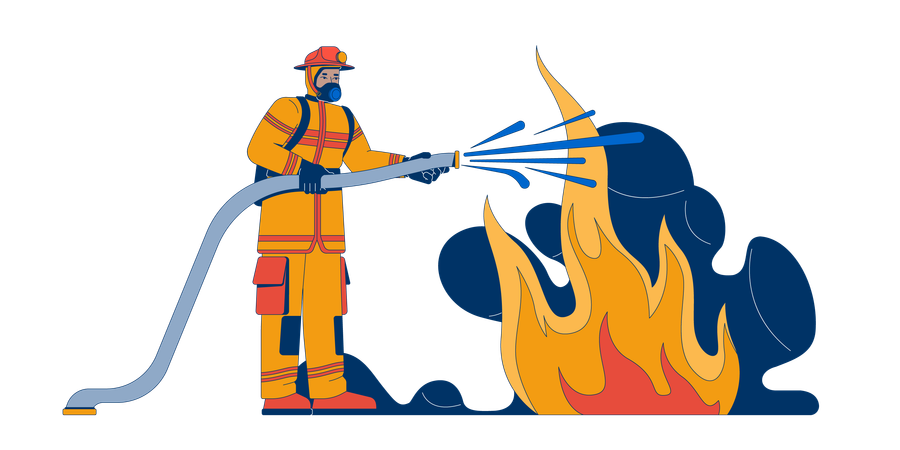 Fireman in protective gear spraying water from fire hose  Illustration