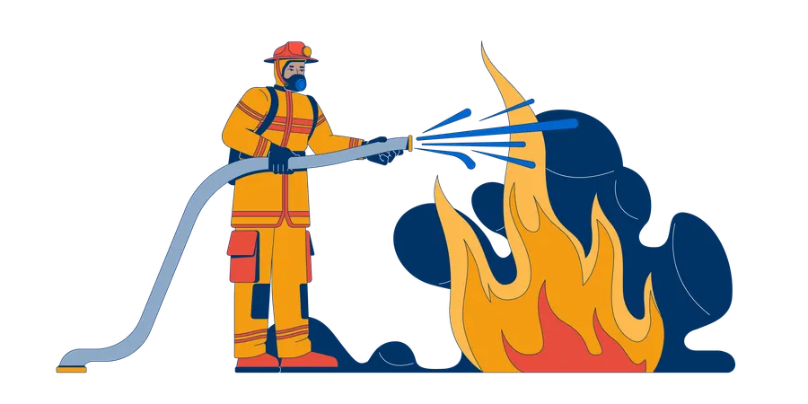 Fireman in protective gear spraying water from fire hose  Illustration