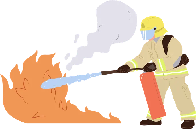 Fireman in uniform with extinguisher putting on fire  Illustration