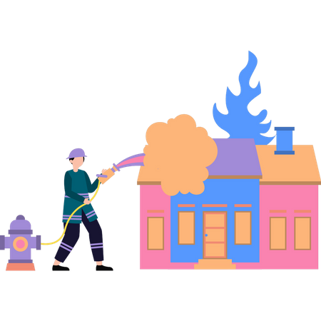 Fireman is putting out fire with a pipe  Illustration