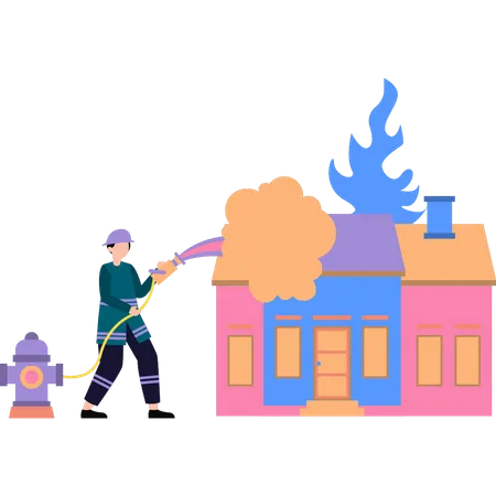 Fireman is putting out fire with a pipe  Illustration