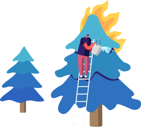 Fireman Pouring Bucket with Water for Watering Burning Fir-Tree in Forest  Illustration