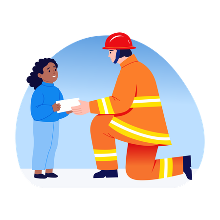 Fireman receives Thanks note from kid  Illustration