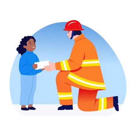 Fireman receives Thanks note from kid  Illustration