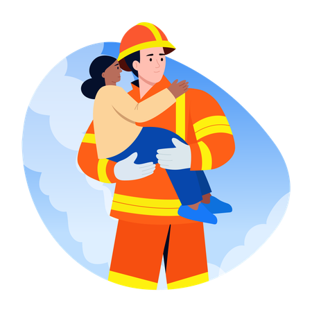 Fireman Rescuing  kid  Illustration